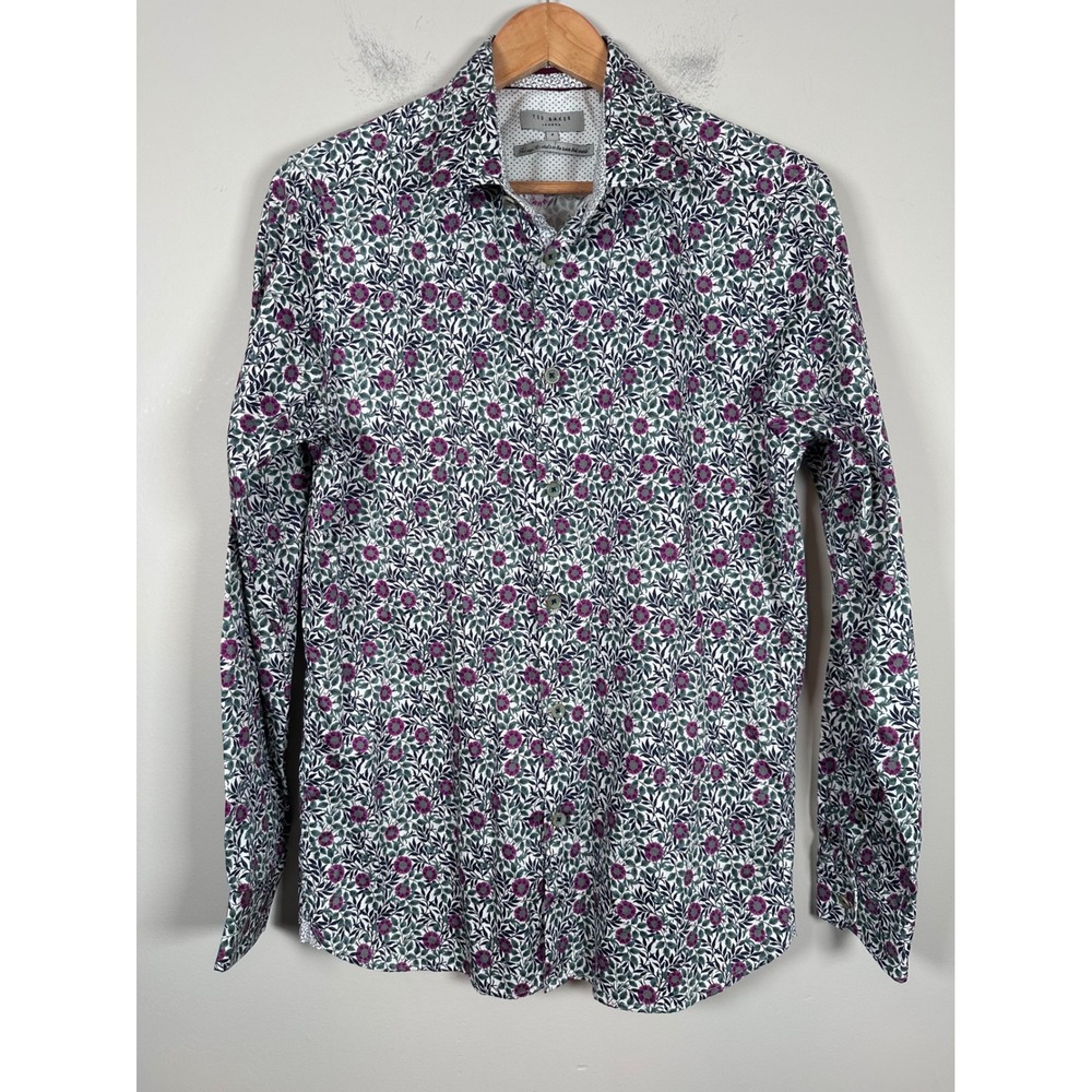 Ted Baker Floral Button Down Shirt Mens large/4 Purple Green Botanical